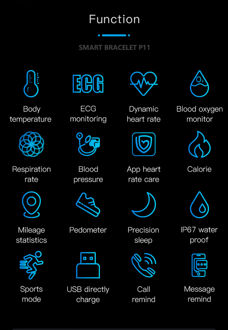 P11plus smart bracelet Heart rate, blood pressure and electrocardiogram test information push, step-counting exercise bracelet one-stop delivery undefined