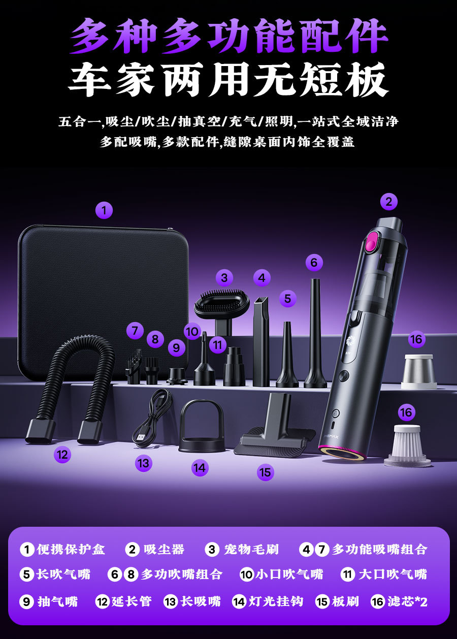 REMAX Rui Liang car-mounted, cordless, brushless vacuum cleaner with integrated blowing and suction functions, featuring a built-in light and long battery life for convenient portability