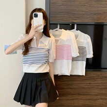 POLO领翻领条纹镂空针织衫女夏季薄款新款显瘦甜美可爱上衣女小衫