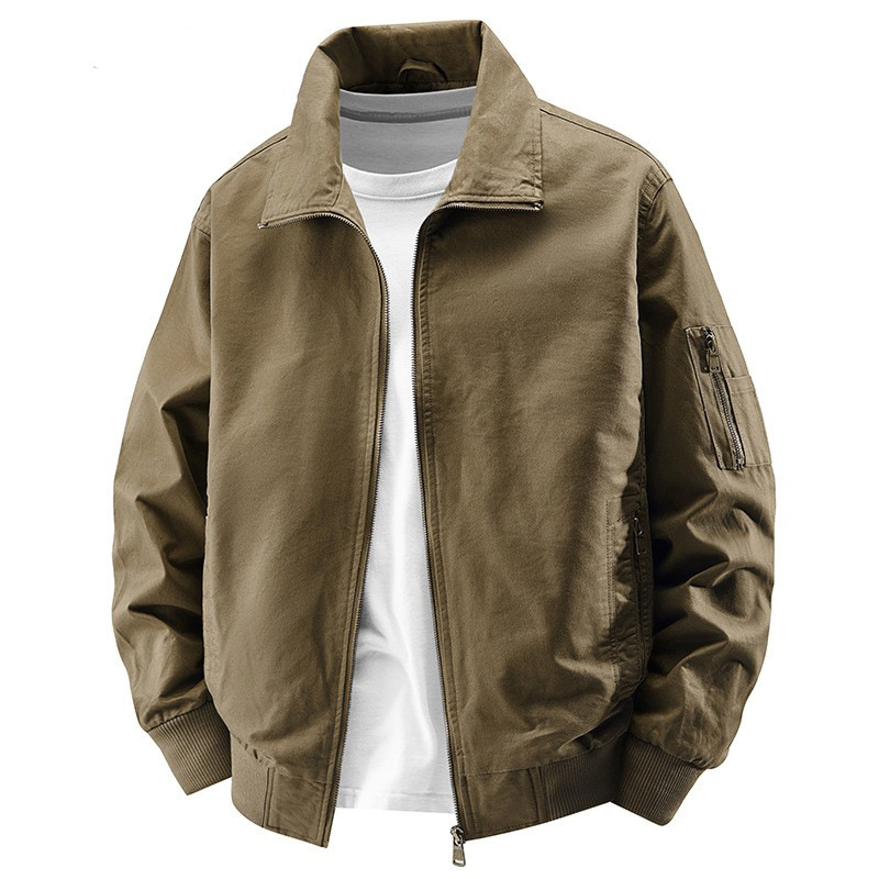 Pilot-style pure cotton men's spring and autumn loose-fit plus-size jacket, vintage casual workwear turn-down collar jacket 7937