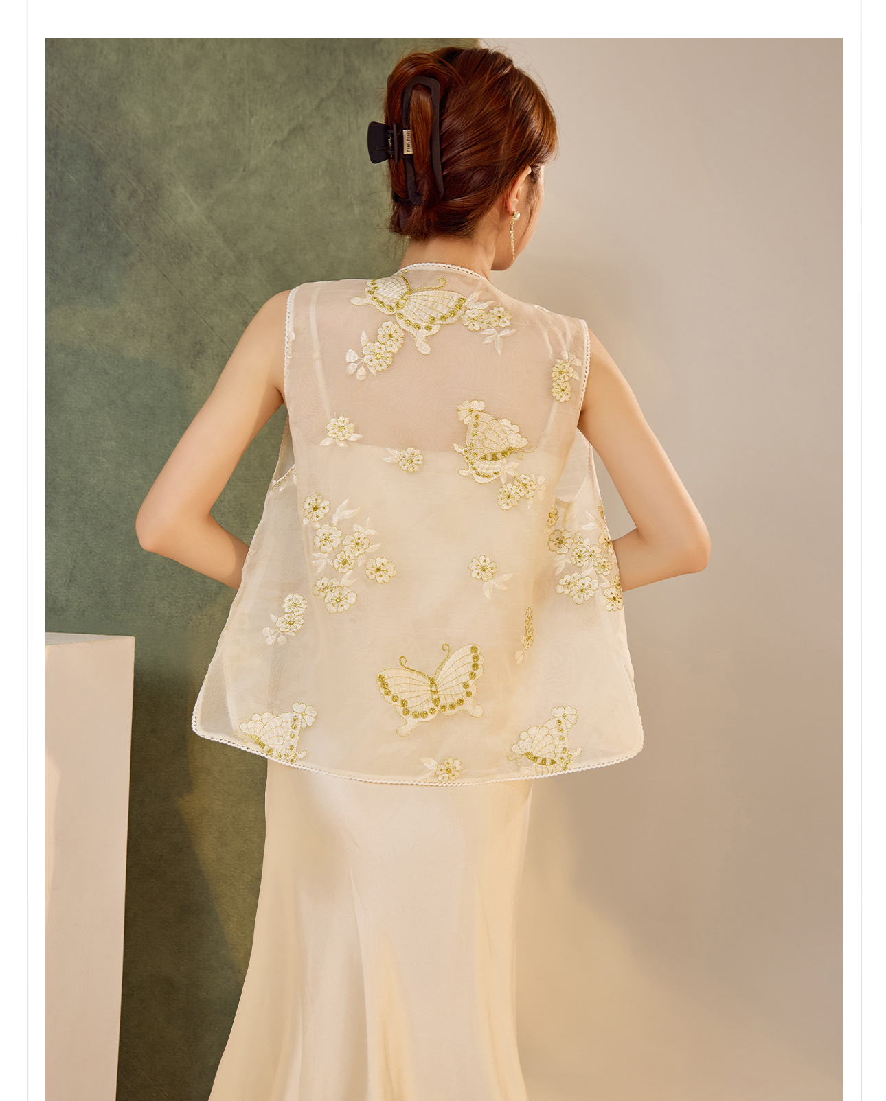 Áo vest lụa tơ tằm thêu bướm phong cách Trung Hoa mới mùa hè — Màu vàng sữa, Màu trắng be chi tiết 5