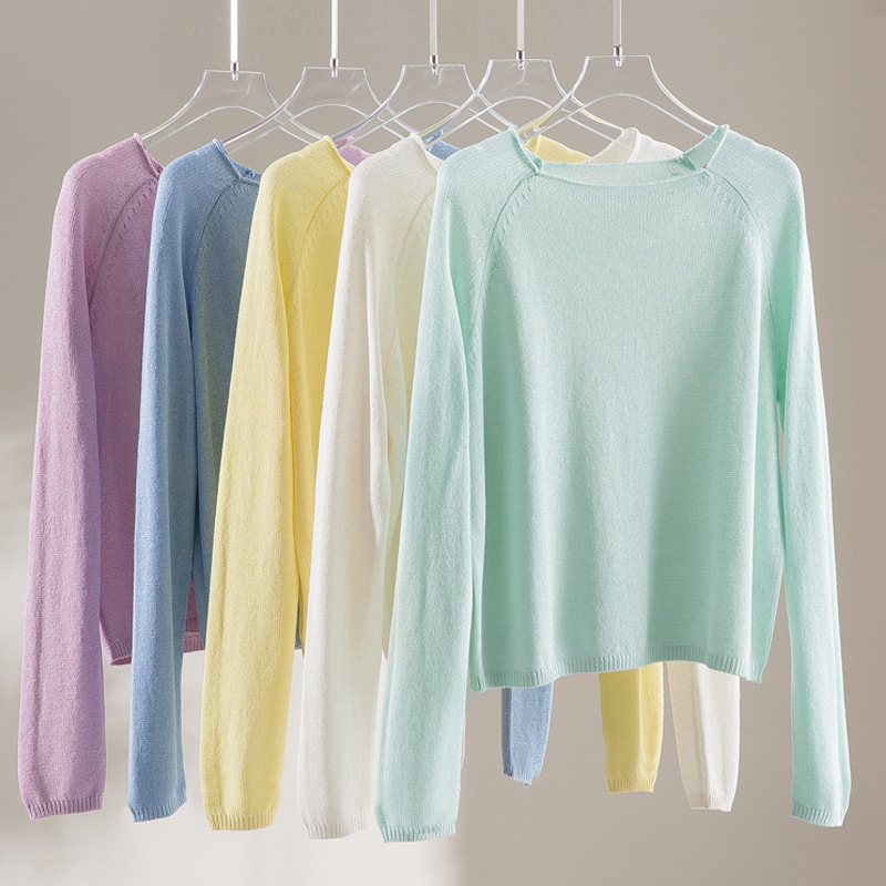Candy-Colored Long-Sleeve Shirt with Round Neck, Air Conditioning Shirt, Tencel Cotton Colorful Knit T-Shirt, Sun Protection Cover-Up, New Summer Style
