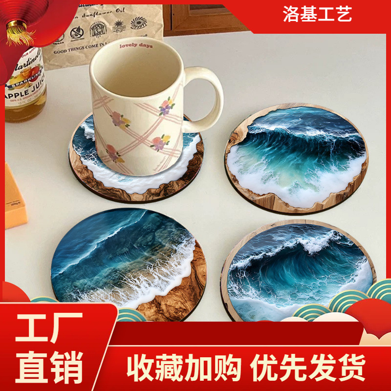 Nuevo estilo transfronterizo azul océano redondo de madera posavasos café en casa fiesta mesa de vestir posavasos mantel