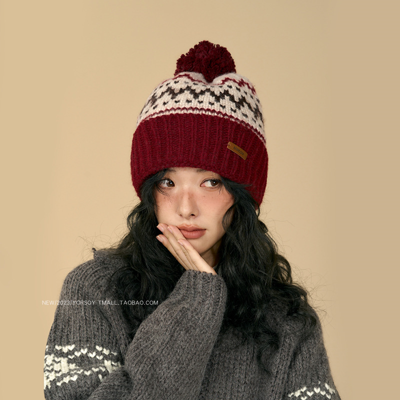 美式复古氛围感圣诞毛线帽子女秋冬季保暖大头围针织护耳毛球冷帽