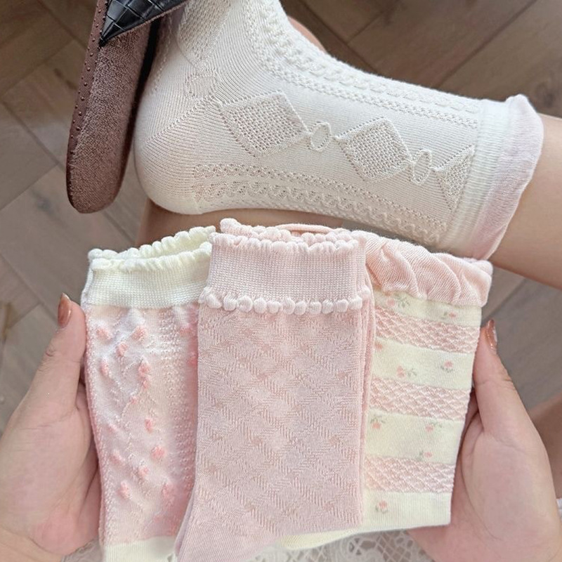 Women's Pink Floral Socks, Sweet Girly Style, Spring and Summer Korean Version, Lace Japanese Bow Mid-Calf Socks