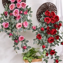 仿真玫瑰花藤壁挂吊兰假花塑料植物室内摆设垂吊花墙客厅玄关装饰