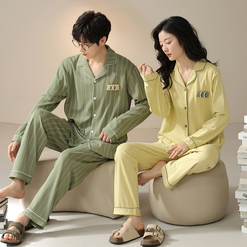 7A Antibacterial Lycra Cotton Couple Pajamas Spring & Fall Pure Cotton Cardigan Cartoon Casual Men's and Women's Long-Sleeved Home Clothes That Can Be Worn Outside