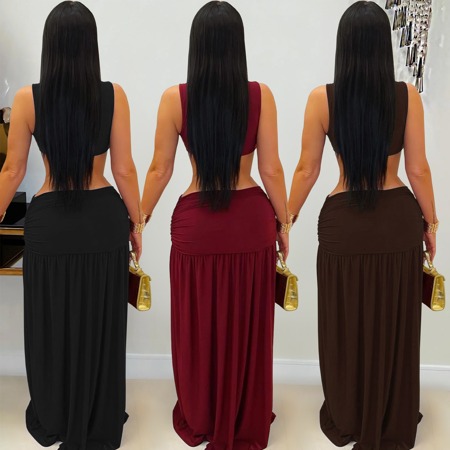 C7597 Aliexpress transfronterizo Amazon Europa y América moda femenina sexy color sólido sin mangas umbilical vestido bifurcado image 3