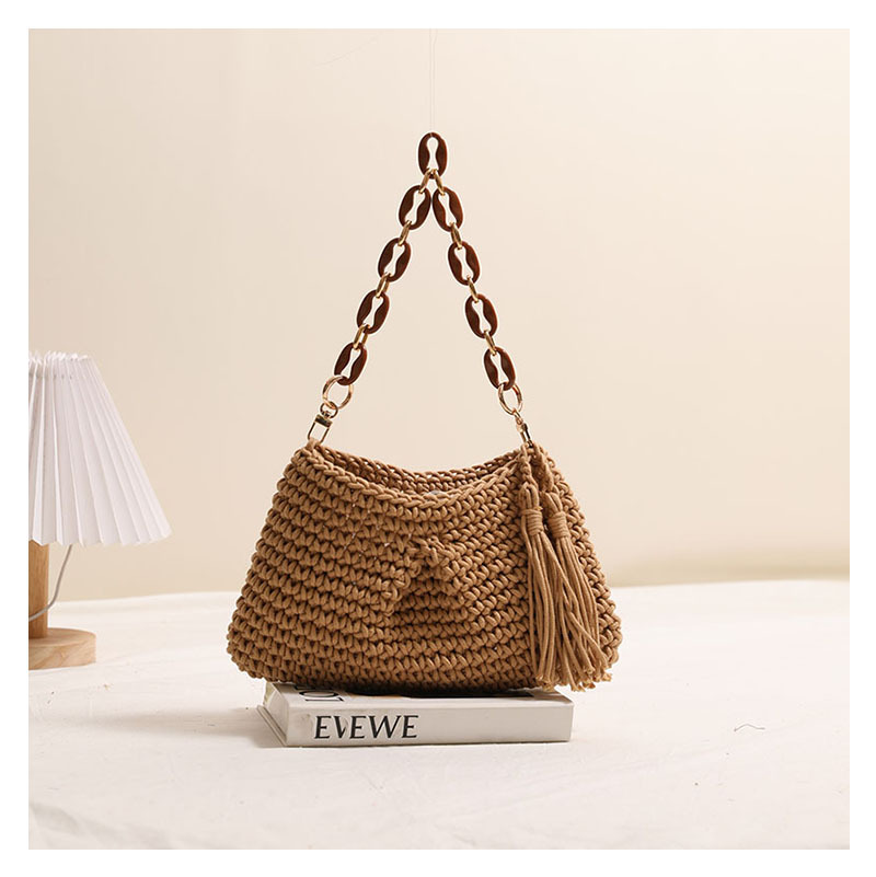 337g Weight Women's Cotton Solid Color Vacation Tassel Weave Dumpling Shape Open Shoulder Bag