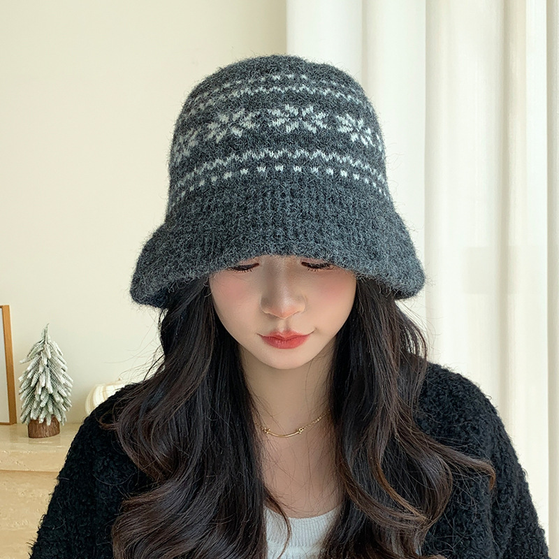 秋冬日系复古渔夫帽子女雪花针织盆帽加厚保暖百搭显脸小毛线帽潮|undefined