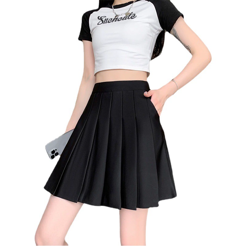 Черная плиссированная юбка для женщин, лето 2021, осень и зима, новый стиль, полуюбка с высокой талией, тонкая короткая юбка в стиле преппи с карманами