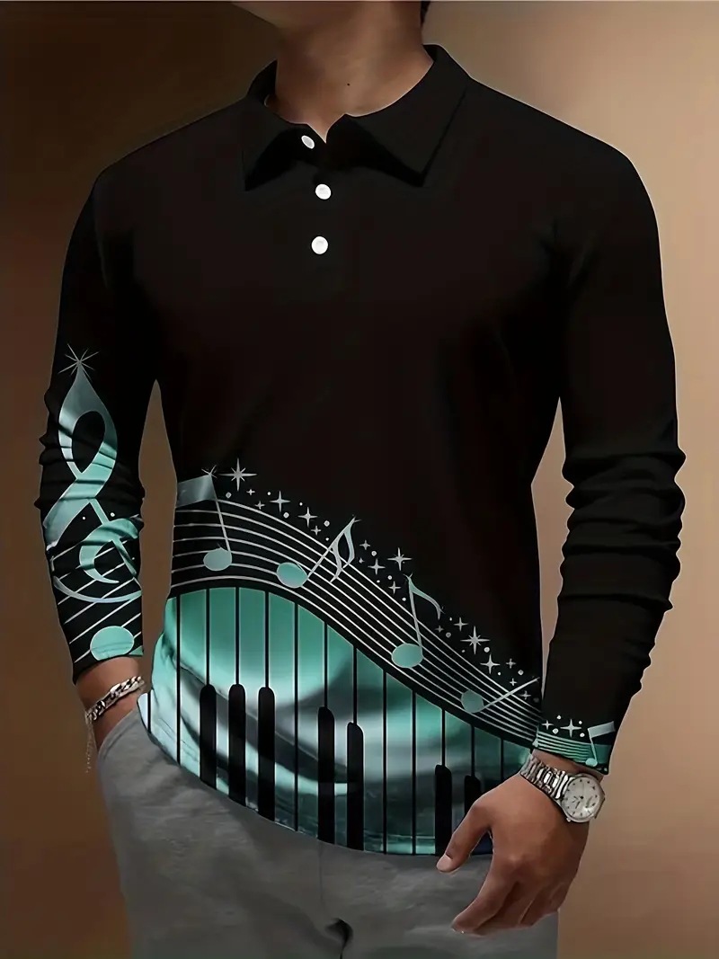 Europa y América venta caliente transfronteriza arte notas coloridas impresión 3D hombres primavera y otoño negocios sueltos botones de manga larga camisa POLO