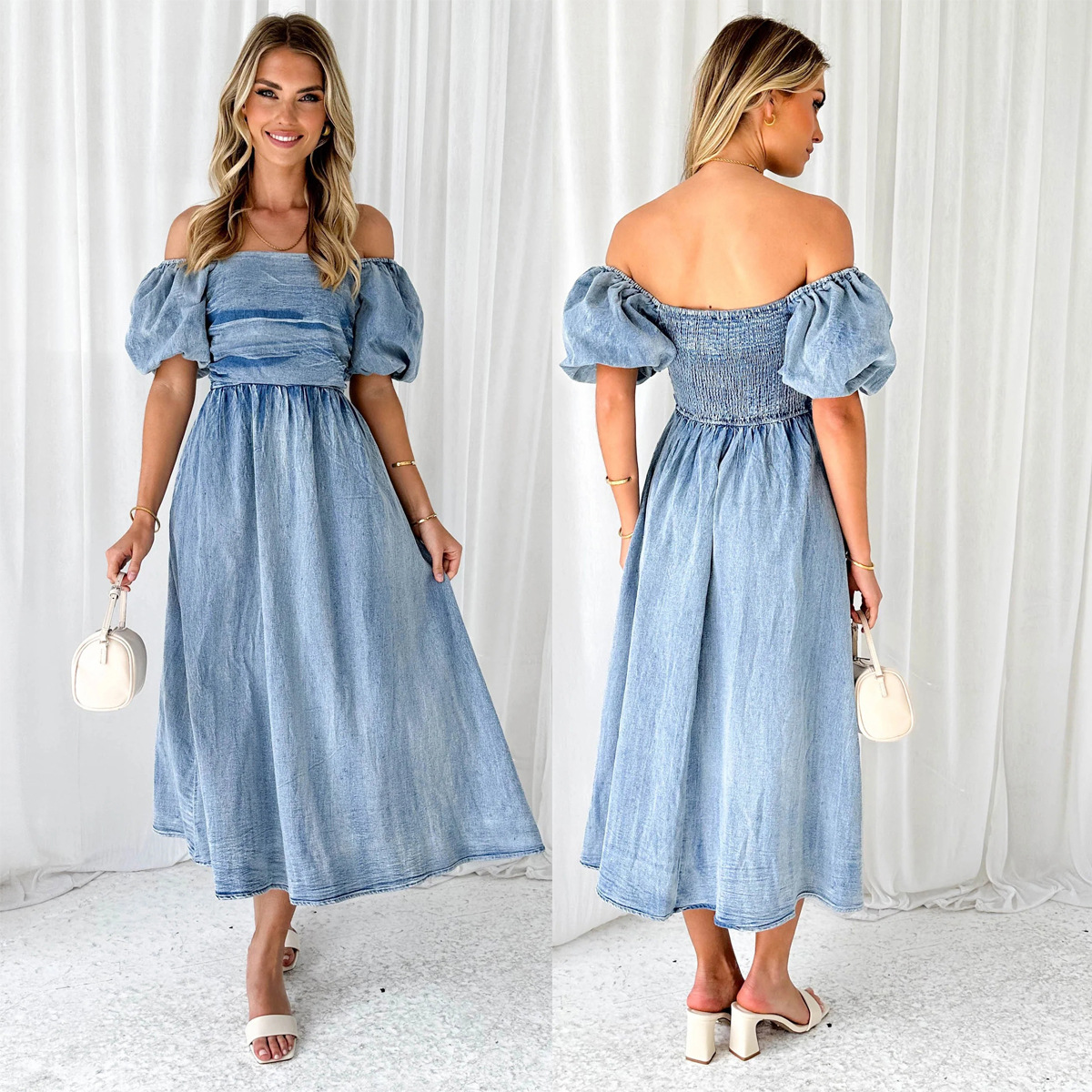 Women's Regular Dress Denim Dress Casual Elegant Off Shoulder Short Sleeve Solid Color Midi Dress Daily Tea Party display picture 1