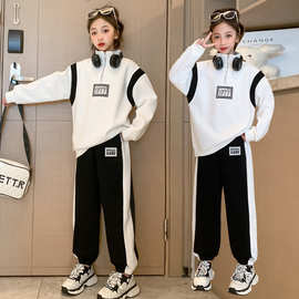 女童春装立领拼色运动套装2026新款女孩洋气宽松休闲两件套