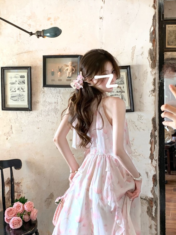 フレンチスタイルのロングオフショルダーホルターネック花柄ドレス春の純粋な欲望スタイルウエスト痩身プリンセスフェアリードレス|undefined