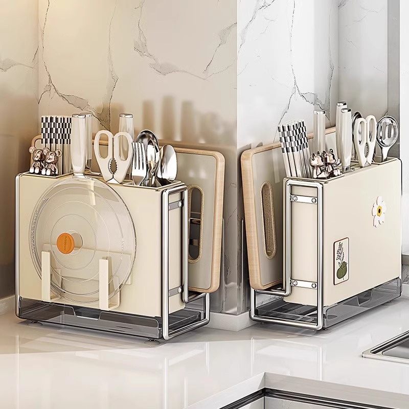 Estante de cuchillos de cocina Estante de almacenamiento Encimera de hogar de estilo crema Tablero de cocina magnético Estante de tapa de olla Jaula de palillos Estante de almacenamiento de cuchillos integrado
