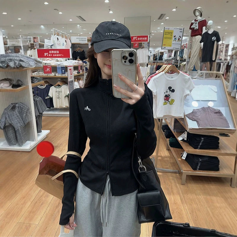 Women's half-high collar double-zipper long-sleeve t-shirt, slim-fit, versatile top for spring and autumn, fashionable sports casual sweatshirt Women's half-high collar double-zipper long-sleeve t-shirt, slim-fit, versatile top for spring and autumn, fashionable sports casual sweatshirt