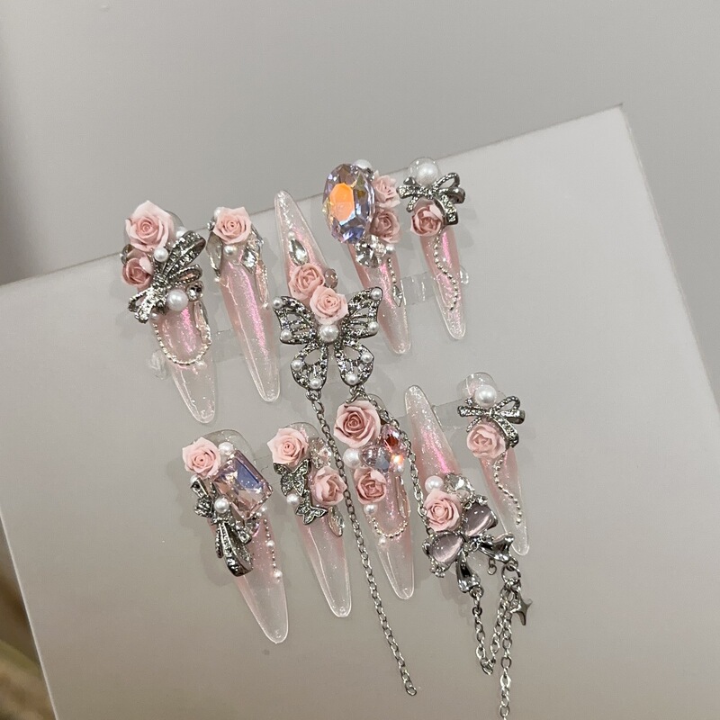 Purely Handmade Wearable Nails, High-End Magic Mirror Pink Long Classy Manicure, Heavy-Duty Camellia Flower Fake Nail Patches