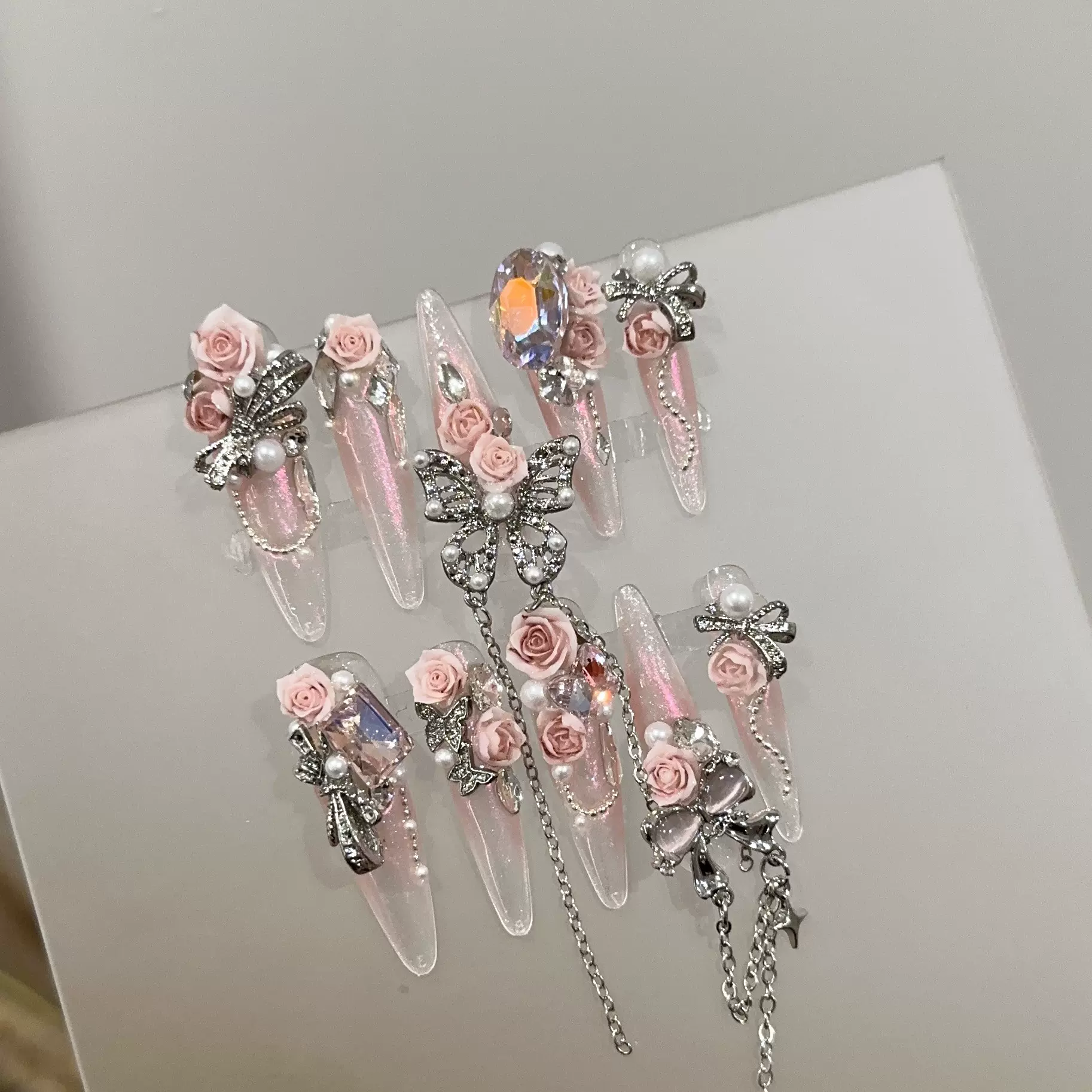 纯手工穿戴甲高级感魔镜粉色长款高端美甲重工山茶花朵假指甲贴片