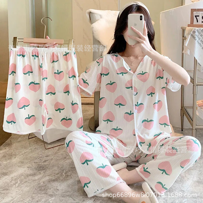 Nuevo estilo pijamas traje de tres piezas de las mujeres pijamas de estilo coreano de verano dulce ins estilo desgaste para el hogar conjunto de tres piezas entrega de una pieza