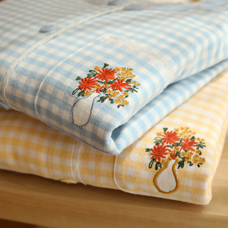 Autumn and Winter Japanese Sweet Plaid Pure Cotton Brushed Women's Round Neck Casual Wearable Home Wear Set