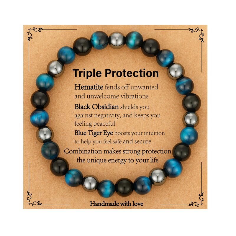 8mm Tiger Eye Stone Bracelet Birthday Gift Beaded Elastic Cord Obsidian Magnet Blue Tiger Eye Triple Protection Bracelet