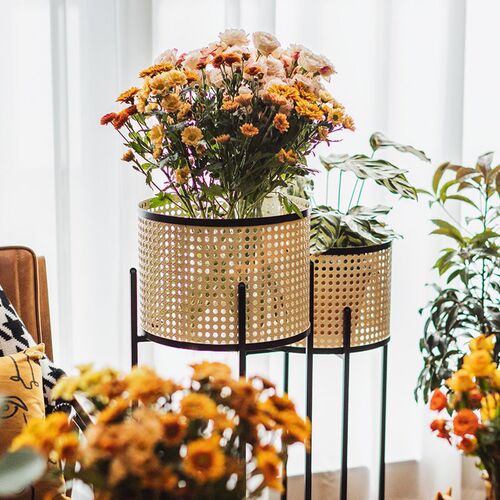 Modern light luxury minimalist Japanese-style living room balcony indoor wrought iron floor-standing plant pot stand imitation rattan flower rack