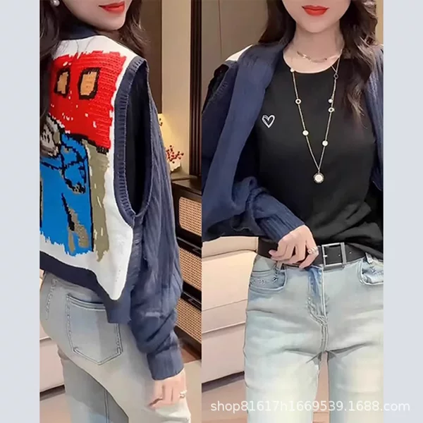 2026 Spring/Summer New High-End Fashion Women's Cartoon Color-Block Knitted Vest Slimming Versatile Two-Way Wear Shawl Outerwear