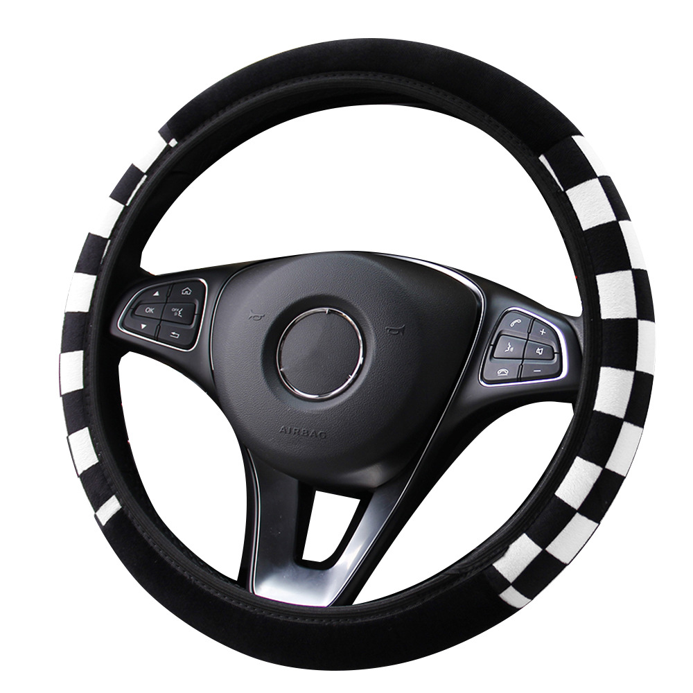 Negro y blanco Plaid felpa invierno cálido coche accesorios sin anillo interior cubierta del volante adecuado para 14,5-15 pulgadas mujeres