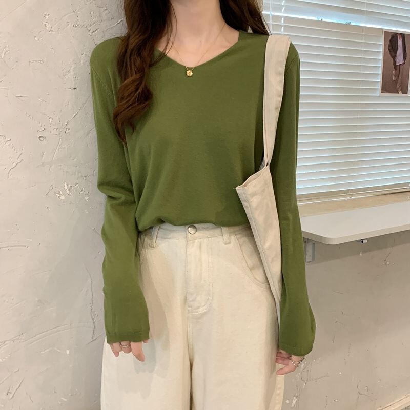 Spring and Autumn 2024 New Basic V-Neck Long Sleeve T-Shirt Design Sense Suit Top Base Shirt for Women