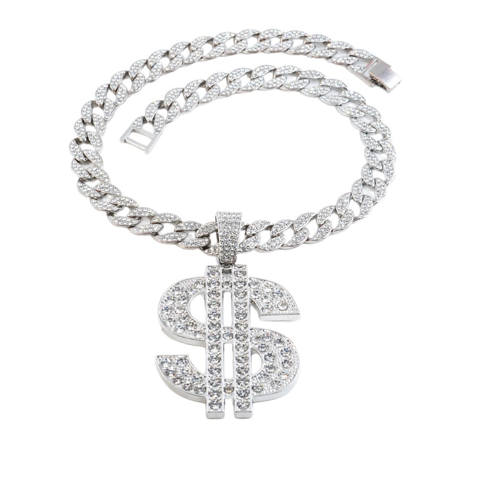 Collar de símbolos de dólar exagerado con diamantes llenos de dólar masculino y femenino moda colgante collar largo collar