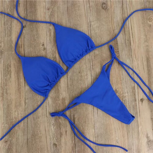 Export European and American bikini swimwear pure color export three-point sexy swimsuit women's one-piece adjustable tie 