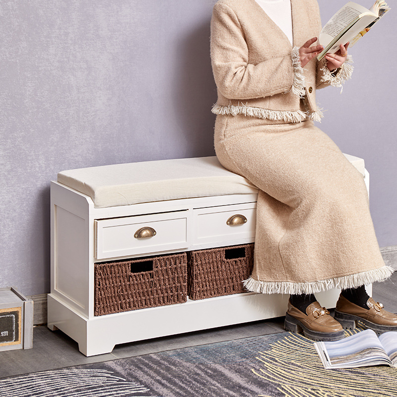 活动跨境复古换鞋凳实木藤编鞋柜田园多抽屉穿鞋凳鞋架收纳储物凳|ms