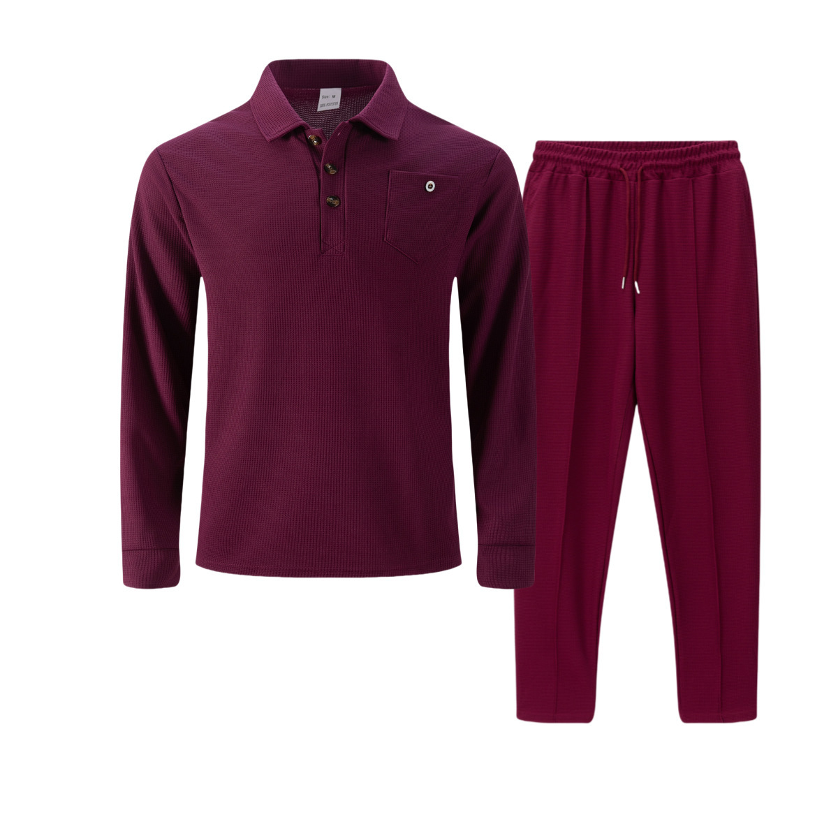 Men's Waffle Knit Shirt And Trousers Suit Casual Long Sleeve Set_voghion.com