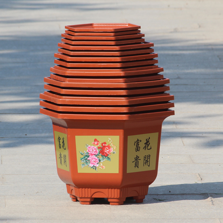 批发加厚仿陶瓷六角彩色印花塑料花盆 盆景绿植花卉中国风无托盘|ms