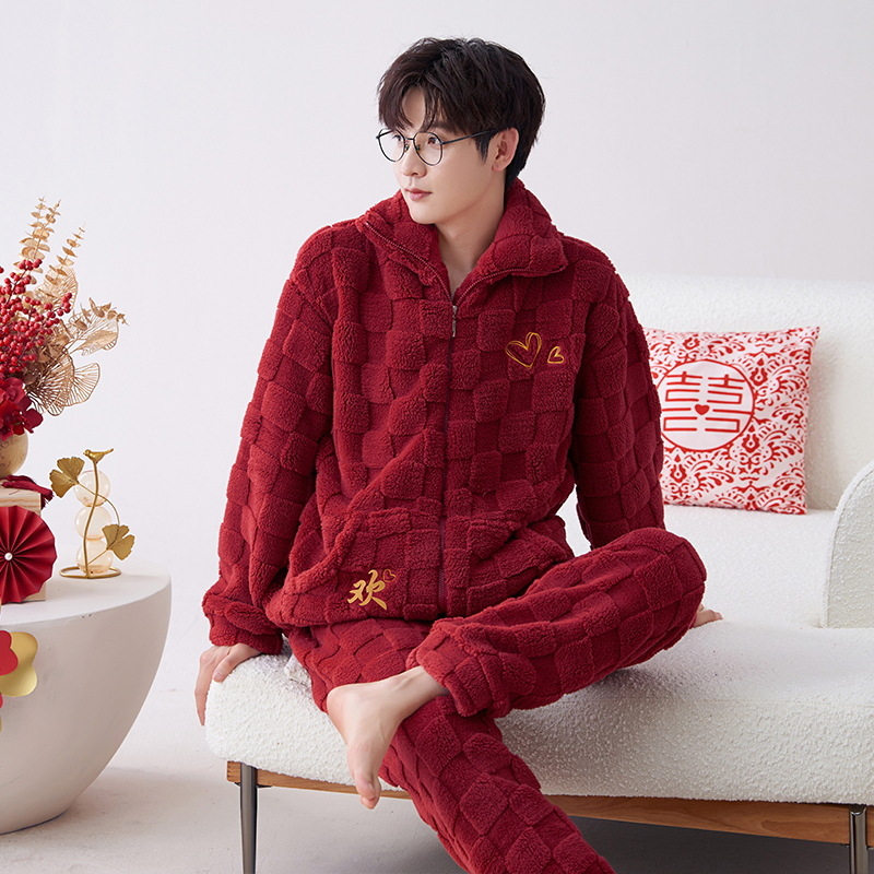 Pijamas de franela los hombres del otoño y el invierno collar soporte caliente juventud coral fleece homewear traje se puede usar fuera