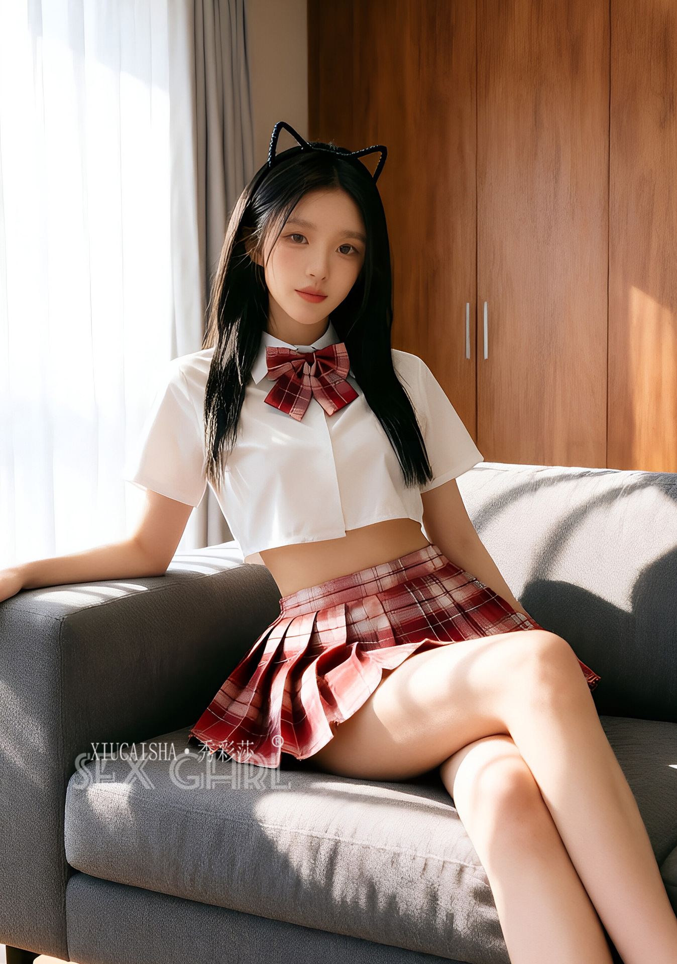 Student-Style Roleplay Lingerie Set with Plaid Skirt, Top, Bow Tie, Thong and Stockings — detail image 22