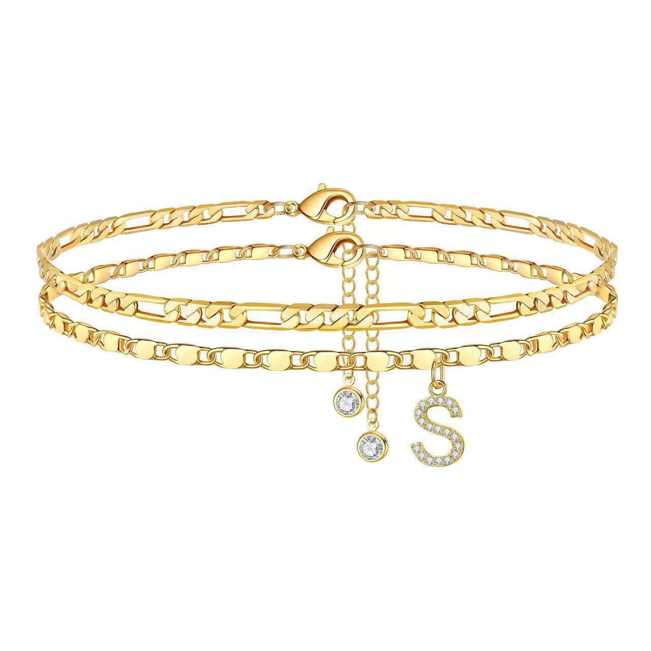 14k Gold Plated Layered Figaro Chain Anklet Set With Cz Initials_voghion.com