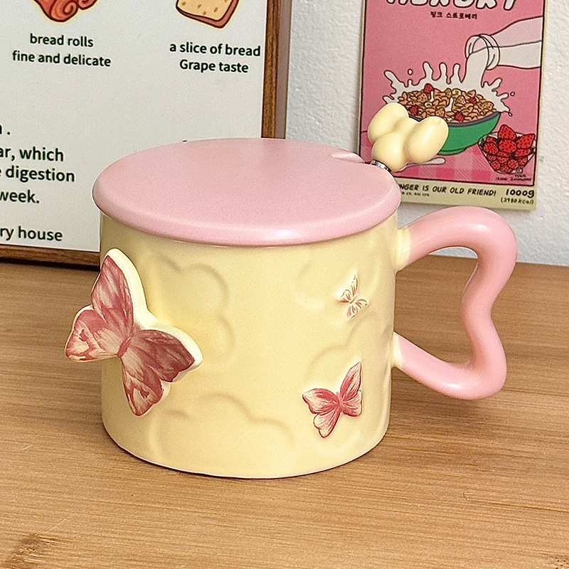 Taza niña Taza de mariposa de alto valor Taza de cerámica con tapa Cuchara Regalo de cumpleaños Taza para beber Hogar