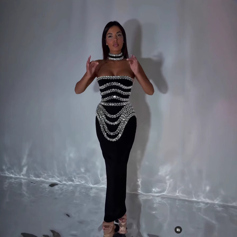 Bandage dress strapless diamond decoration slim hip long bandage dress red carpet catwalk banquet dress