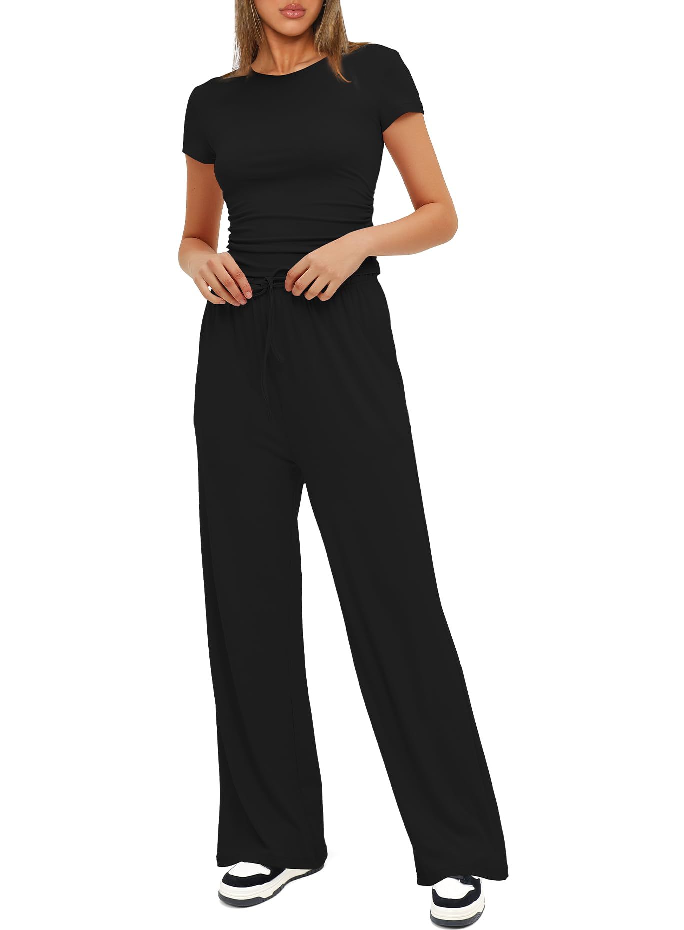 European American Foreign Trade Women's 2-piece Casual Set: Ruffled Short-sleeve Top And High-waisted Wide-leg_ecoleips.com