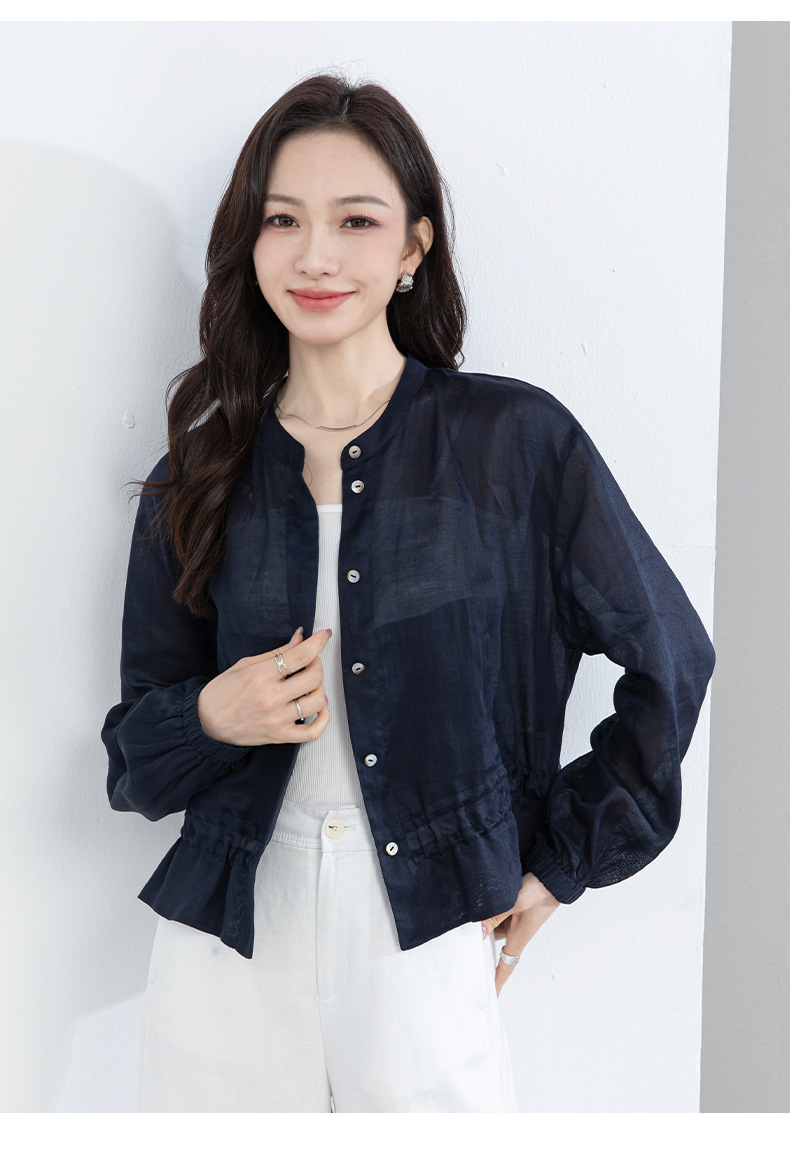 Áo sơ mi nữ tay ngắn cổ đứng viền lá sen, dáng rộng suông — màu xanh navy chi tiết 21
