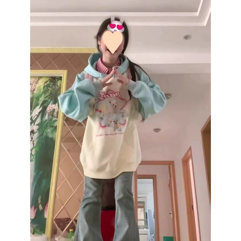 Допамин американский ретро-контрастный свитер женский весенний и осенний свободный ленивый ветер пуловер с капюшоном