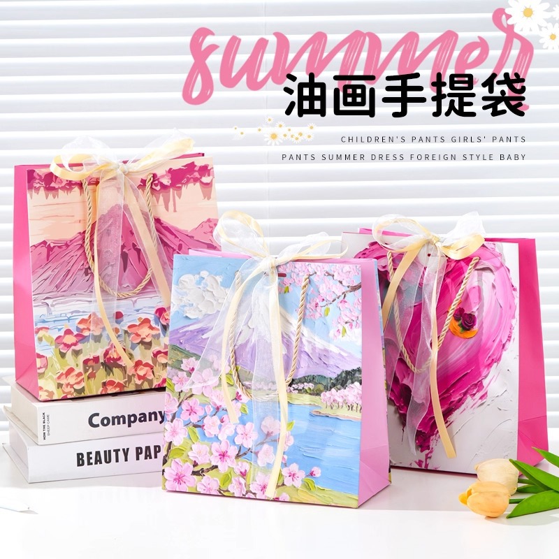 礼品袋漂亮油画精致包装纸袋生日礼物袋花束伴手礼手提油画风
