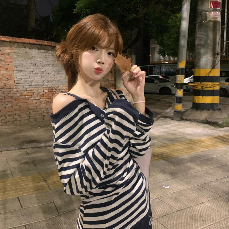 甜辣妹条纹长袖T恤女2025早秋新款慵懒宽松一字肩内搭打底衫上衣|undefined