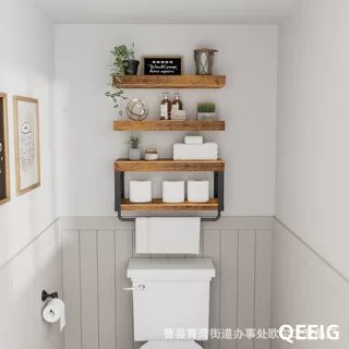 木质卫生间置物架壁挂式卫生纸存储架乡村棕色浮动置物架