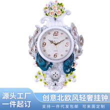 北欧风客厅挂钟创意孔雀中式复古装饰酒店家用墙贴钟时尚工艺时钟