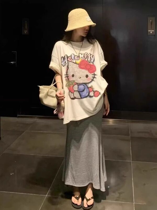纯棉HelloKitty印花白色短袖T恤女夏季慵懒风宽松洋气时髦上衣潮|undefined