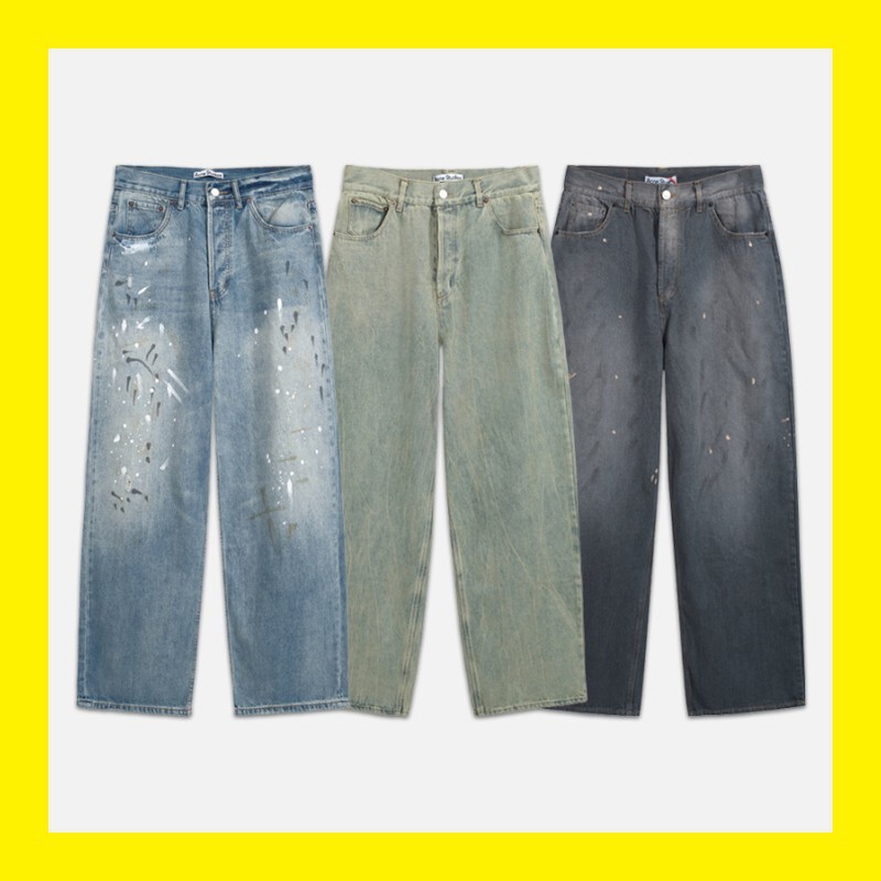 Cross-border Trendy Brand AC Hand-painted Splash Ink Abraded Washed Old Pants Men's and Women's Loose All-match Light Luxury Wide-leg Jeans