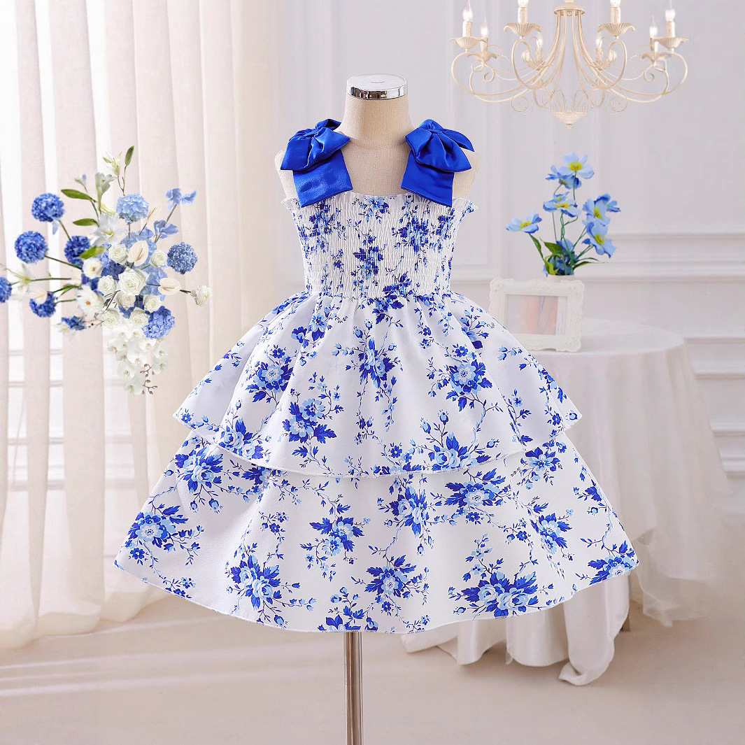 Girls Summer Elegant Dress Suspender Bow Flower Print Pattern Girls Casual Fashion Dress